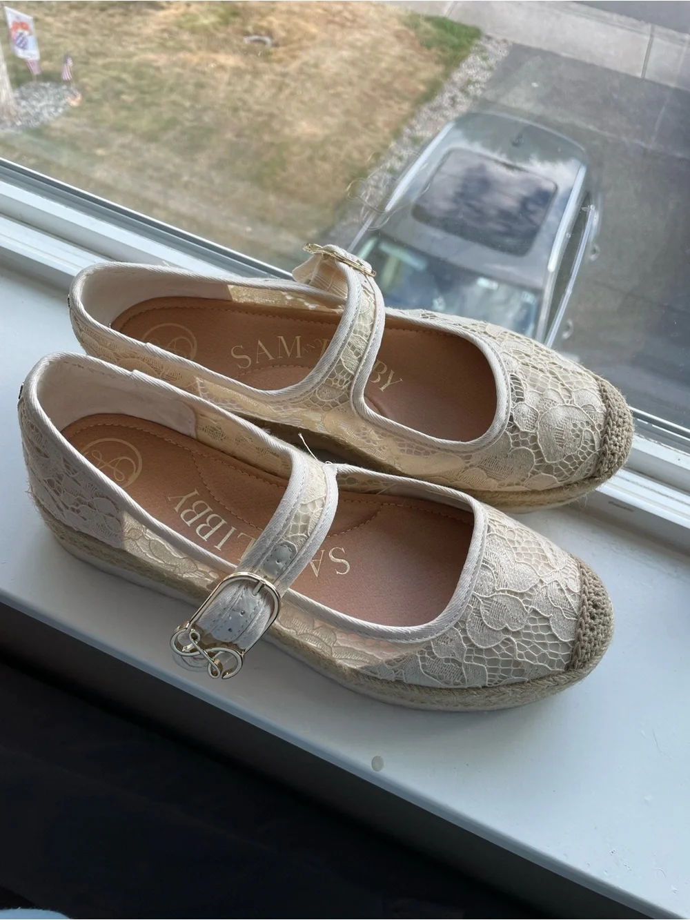 Sam & Libby Cream Lace Espadrille Mary Jane Wedge